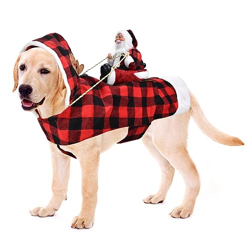 CooShou Hunde-Weihnachtskostüm, laufender Weihnachtsmann, reitet auf Haustier, Weihnachten, Winter, kariert, Kapuzenmantel für Hund, Katze, Weihnachtsferien, Outfit, Haustier, Xmas Hundekleidung, XXXL von CooShou