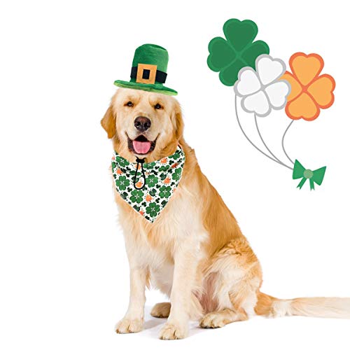 CooShou Hundekostüm zum St. Patrick's Day – grüner Hundehut mit irischem Kleeblatt, Dreieckstuch mit Kleeblatt-Muster, für Hunde, Katzen, Welpen, Kätzchen, 2 Stück von CooShou
