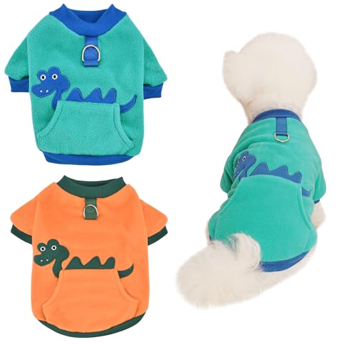 CooShou Hundepullover für Welpen, Katzen, warm, gestreckt, Sweatshirt, niedliches Dinosaurier-Muster, Winterkleidung mit Tasche für kleine Hunde, Katzen, L von CooShou