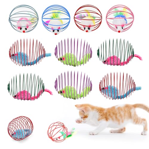 CooShou Interaktives Hüpfspielzeug für Katzen, Metall, Käfigbälle mit Mäusen, Federspielzeugbälle für Katzen, Kätzchen, bunter Katzenspielzeug mit Maus für Indoor-Katzen (10 Stück) von CooShou