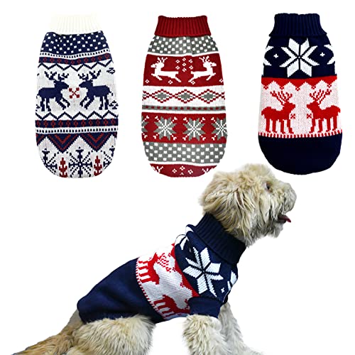 CooShou Weihnachtspullover für Hunde, Katzen, Strickwaren, Kleidung, Marineblau, Weiß und Weihnachten, Rot, Pullover mit Rentieren, Schneeflocken-Muster für Kätzchen, Welpen, Hunde, XXL, 3 Stück von CooShou