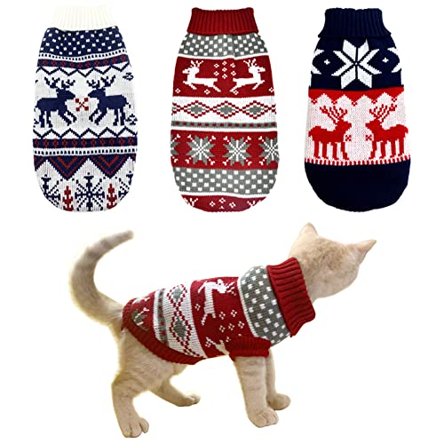 CooShou Weihnachtspullover für Hunde, Weihnachten, Katzen, Strickwaren, Kleidung, Marineblau, Weiß und Weihnachten, Rot, Pullover mit Rentieren, Schneeflocken-Muster für Kätzchen, Hunde, Größe S von CooShou