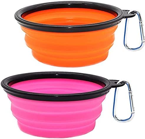 Zusammenklappbarer Hundenapf, faltbarer Wassernapf für Hunde und Katzen, tragbare Futterschale für Haustiere, tragbarer Hunde-Wassernapf mit Karabiner (groß (1000 ml), rosa + orange) von Coolon