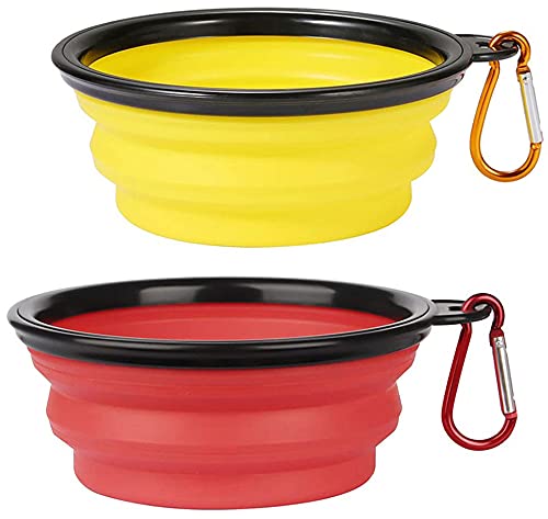 Zusammenklappbarer Hundenapf, zusammenklappbarer Wassernapf für Katzen, Hunde, tragbarer Futternapf mit Karabiner (klein (350 ml), Rot + Gelb von Coolon