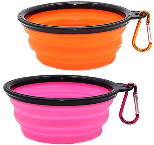 Zusammenklappbarer Hundenapf, zusammenklappbarer Wassernapf für Hunde und Katzen, tragbarer Futternapf für Haustiere, Bewässerungsschale, tragbarer Hundenapf mit Karabiner (klein, rosa + orange) von Coolon