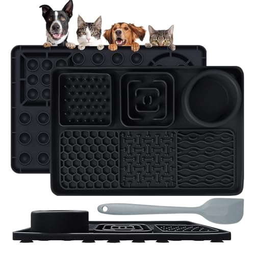 Cooltto 1 Stück Schleckmatte Hund Katze Silikon Leckmatte Hund mit Spachtel Futtermatten mit Saugnapf Slow Feeder Matte Haustier für Hunde Baden Trainieren Fellpflege Klauenpflege (schwarz) von Cooltto