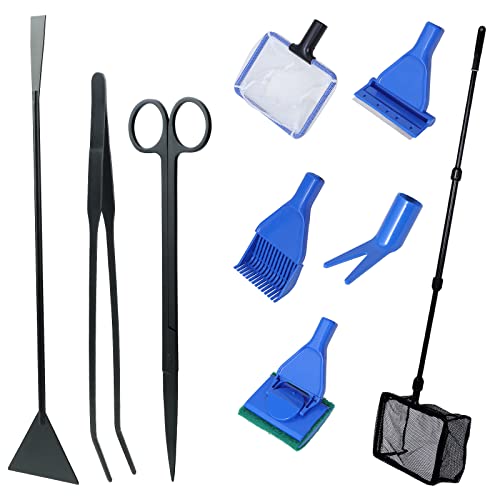 Coolty 9 in 1 Aquarium Werkzeug für Wasserpflanzen Trimmen Aquarium Reinigungs, Aquarium Reiniger Fischnetz Kies Rechen Pflanzengabel Schaber Schwamm, Aquascaping Werkzeuge Set Pinzette Schere Schaber von Coolty
