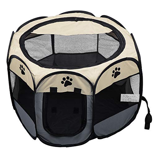 Coolty Tragbares, faltbares Haustier-Laufgitter, 8-teiliges Haustierzelt für Hunde, Katzen, Kaninchen und kleine Tiere, 91 x 91 x 58 cm (beige + grau) von Coolty