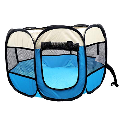 Coolty Tragbares faltbares Haustier-Laufgitter, 8-teiliges Zelt für Hunde, Katzen, Kaninchen und kleine Tiere, 91 x 91 x 58 cm (Beige + Blau) von Coolty