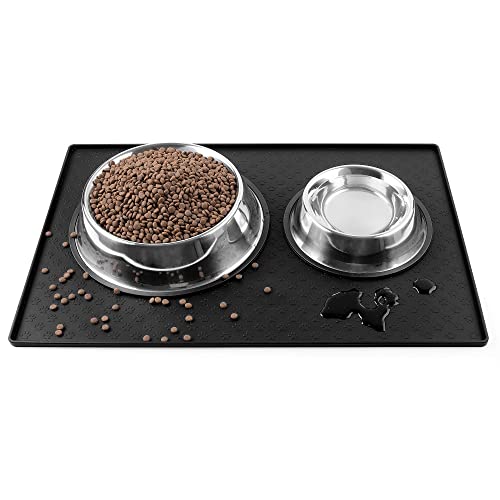 Coomazy Napfunterlage für Hund Katzen, Erhöhtem Rand Verdickter Futtermatte Hunde mit Hundepfotenabdruck, wasserdichte rutschfeste Silikon Hundenapf Futternapf Matte (Schwarz, L: 60x40cm) von Coomazy