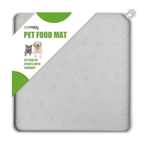 Coomazy Napfunterlage für Hund Katzen, Erhöhtem Rand Verdickter Futtermatte Hunde mit Hundepfotenabdruck, wasserdichte rutschfeste Silikon Hundenapf Futternapf Matte (Asche, S: 30x30cm) von Coomazy