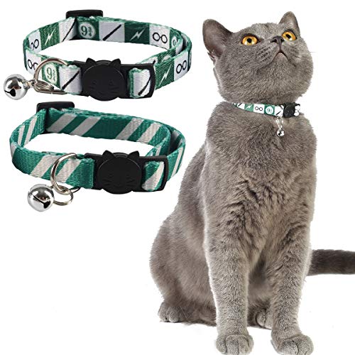 Coomour 2 x Halloween-Katzenhalsband, sicher abreißbar, magisches Streifenmuster, verstellbare Katzenhalsbänder mit niedlicher Glocke für Katzen, Kätzchen (grün), Halsumfang: 17,8 cm - 27,9 cm von Coomour