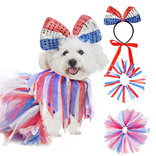 Coomour 3 Stück 4. Juli Hundekostüm Haustier Fliege Stirnband USA Flagge Halsbänder mit rot blau und weiß Netz-Tutu Hunde Unabhängigkeitstag Kleider Zubehör (ein) von Coomour