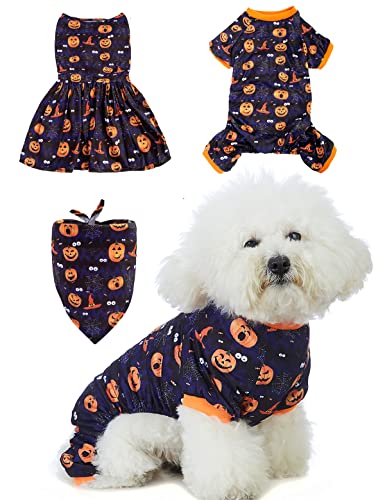 Coomour 3 x Halloween-Hunde-Shirts mit Kürbiskleid und kleinen Hundehalstüchern für Hunde, Katzen, Halloween-Kostüme (S) von Coomour