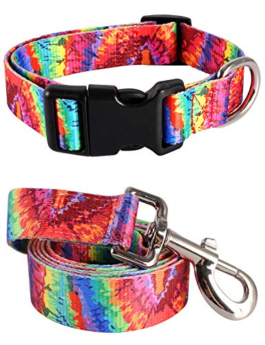 Coomour Hundehalsband, lustiges Regenbogen-Design, verstellbar, mit niedlicher Batik-Leine für kleine, mittelgroße und große Hunde, Katzen, mehrfarbiges Halsband-Set (XL) von Coomour