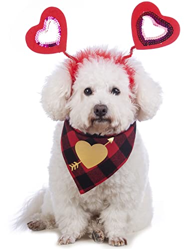 Coomour Hundekostüm Valentinstag Kostüm Haustier Herz Stirnband und Welpe Valentinstag Bandanas Katze Klassisches Plaid Zubehör (Rot) von Coomour