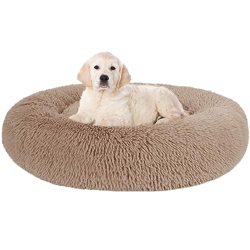 Beruhigendes Hundebett, Anti-Angst, wärmend, gemütlich, weich, Donut-Hundebett, flauschiges Kunstfell-Plüsch-Hundebett für mittelgroße Hunde, maschinenwaschbar. (Beige, 76,2 x 76,2 cm) von Coospdd