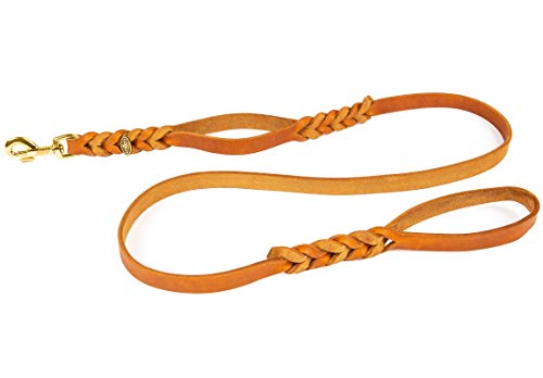 Hundeleine Lederleine Fettlederleine mit 2 Handgriffen, 2 m x 15 mm, Cognac, Bolzenhaken aus Messing von CopcoPet - Hundeleine