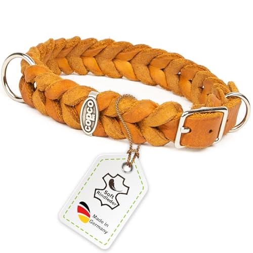 Fettleder-Halsband geflochten mit Dornschließe, geflochtenes Hundehalsband, Handarbeit aus Deutschland, hochwertiges Rindsleder (25-29 cm 15 mm Messing, Cognac) von CopcoPet