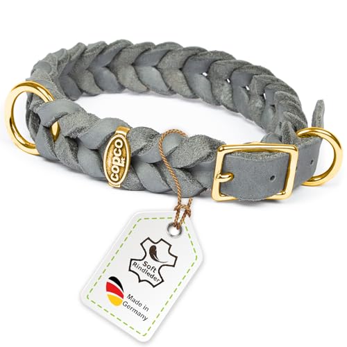 CopcoPet - Fettleder Halsband, Grau, 15 mm Breite, 25-29 cm Halsumfang, geflochten mit Dornschließe Messing, geflochtenes Hundehalsband, Handarbeit aus Deutschland, hochwertiges Rindsleder von CopcoPet