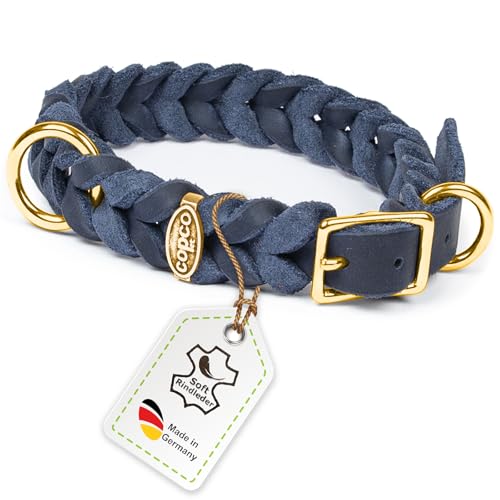 CopcoPet Fettleder Hundehalsband geflochten mit Dornschließe Messing Handarbeit aus Deutschland Lederhalsband Marineblau 15 mm Breite 40-44 cm Halsumfang von CopcoPet