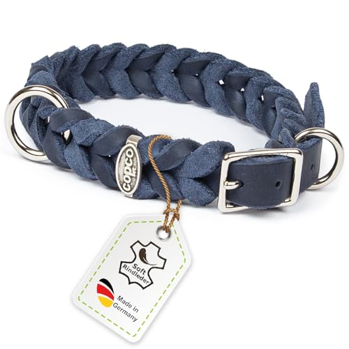 CopcoPet Fettleder Hundehalsband geflochten mit Dornschließe verchromt Handarbeit aus Deutschland Lederhalsband Marineblau 25 mm Breite 35-39 cm Halsumfang von CopcoPet