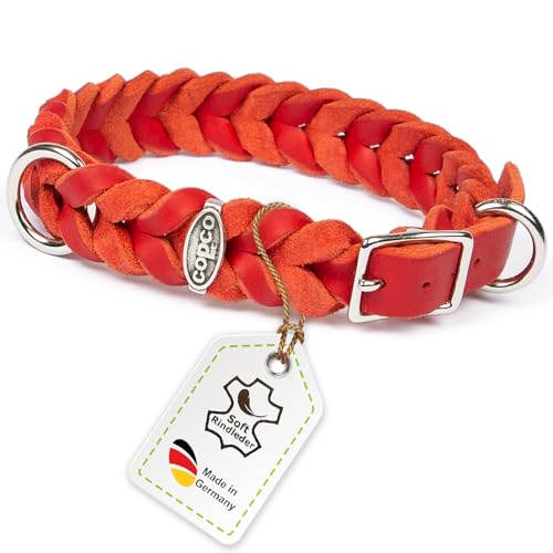 CopcoPet - Fettleder Halsband, Rot, 15mm Breite, 40-44 cm Halsumfang, geflochten mit Dornschließe verchromt, geflochtenes Hundehalsband, Handarbeit aus Deutschland, hochwertiges Rindsleder von CopcoPet