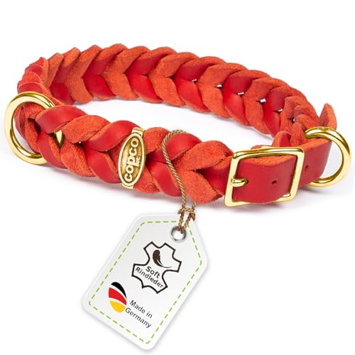 CopcoPet Fettleder Hundehalsband geflochten mit Dornschließe Messing Handarbeit aus Deutschland Lederhalsband Rot 20 mm Breite 50-55 cm Halsumfang von CopcoPet