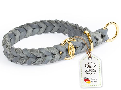 CopcoPet Fettleder Hundehalsband Würger geflochten mit Messing Zugstopp-Ring, Handarbeit aus Deutschland, Grau 40-45 cm x 15 mm Hunde Halsband von CopcoPet