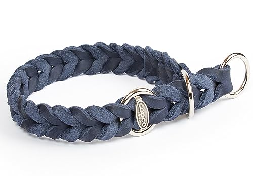 CopcoPet - Fettleder Hundehalsband Würger geflochten mit verchromten Zugstopp-Ring, Marineblau 35-40 cm x 15 mm Hunde Halsband von CopcoPet