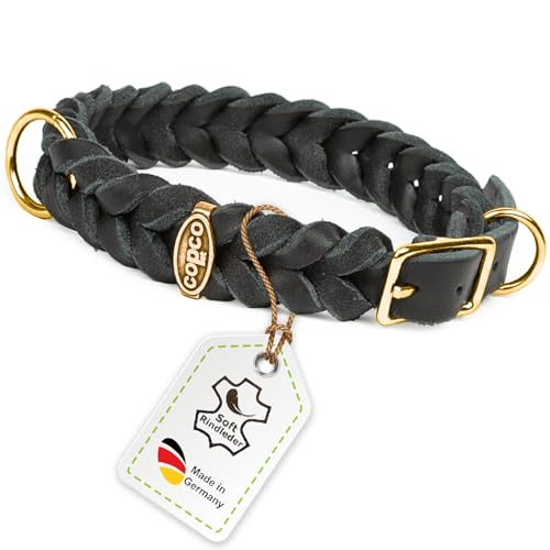 CopcoPet Fettleder Hundehalsband geflochten mit Dornschließe Messing Handarbeit aus Deutschland Lederhalsband Schwarz 25 mm Breite 35-39 cm Halsumfang von CopcoPet