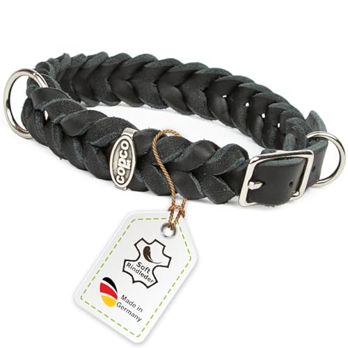CopcoPet Fettleder Hundehalsband geflochten mit Dornschließe verchromt Handarbeit aus Deutschland Lederhalsband Schwarz 20 mm Breite 40-44 cm Halsumfang von CopcoPet