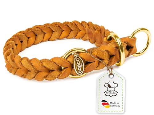 CopcoPet Fettleder Hundehalsband Würger geflochten mit Messing Zugstopp-Ring, Handarbeit aus Deutschland, Cognac 50-55 cm x 25 mm Lederhalsband Hund von CopcoPet