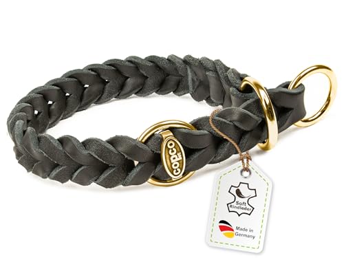 CopcoPet Fettleder Hundehalsband Würger geflochten mit Messing Zugstopp-Ring, Handarbeit aus Deutschland, Schwarz 40-45 cm x 15 mm Lederhalsband Hund von CopcoPet