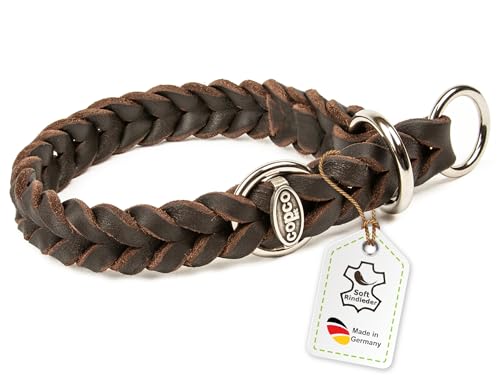 CopcoPet Fettleder Hundehalsband Würger geflochten mit verchromten Zugstopp-Ring, Handarbeit aus Deutschland, Braun 30-35 cm x 15 mm Hunde Halsband von CopcoPet