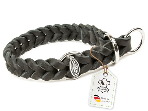 CopcoPet Fettleder Hundehalsband Würger geflochten mit verchromten Zugstopp-Ring, Handarbeit aus Deutschland, Schwarz 25-30 cm x 15 mm Lederhalsband Hund von CopcoPet