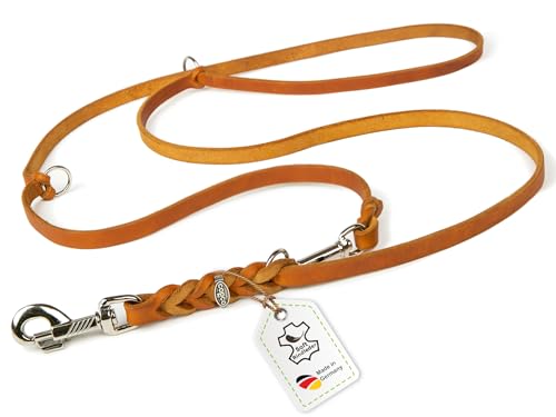 CopcoPet Fettlederleine für Hunde 3-Fach verstellbar Hundeleine aus weichem Leder mit Karabinern & Beschlägen aus Chrom geflochtene Führleine 100% Handmade in Germany 5,0 m x 18 mm Cognac von CopcoPet