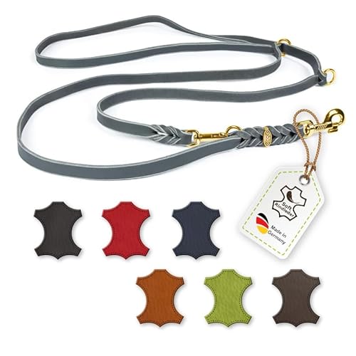 CopcoPet – Fettlederleine für Hunde – 3-Fach verstellbare Hundeleine aus weichem Leder mit Karabinern & Beschlägen aus Messing – geflochtene Führleine 100% Handmade in Germany (2,40 m x 10mm | Grau) von CopcoPet