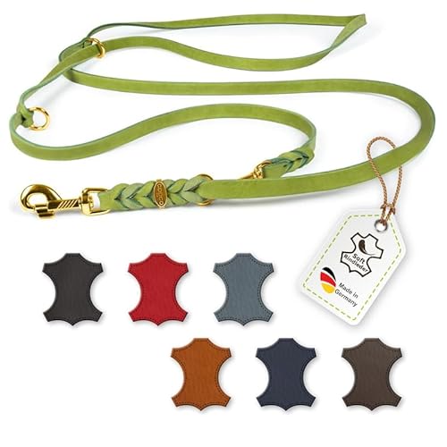 CopcoPet – Fettlederleine für Hunde – 3-Fach verstellbare Hundeleine aus weichem Leder mit Karabinern & Beschlägen aus Messing – geflochtene Führleine 100% Handmade in Germany (2,40 m x 12mm | Grün) von CopcoPet