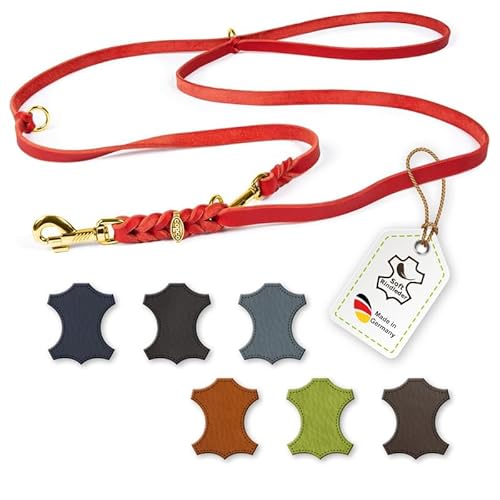 CopcoPet – Fettlederleine für Hunde – 3-Fach verstellbare Hundeleine aus weichem Leder mit Karabinern & Beschlägen aus Messing – geflochtene Führleine 100% Handmade in Germany (2 m x 20mm | Rot) von CopcoPet