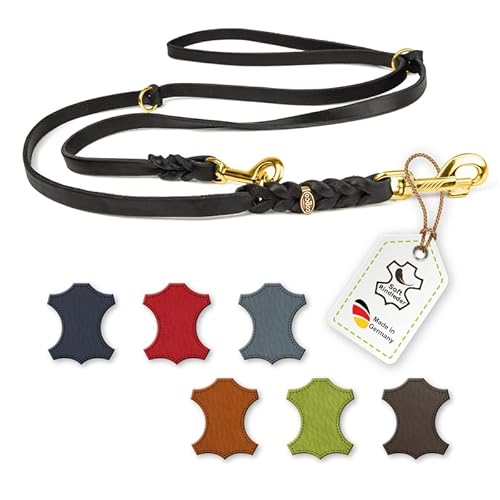 CopcoPet – Fettlederleine für Hunde – 3-Fach verstellbare Hundeleine aus weichem Leder mit Karabinern & Beschlägen aus Messing – geflochtene Führleine 100% Handmade in Germany (5 m x 10mm | Schwarz) von CopcoPet