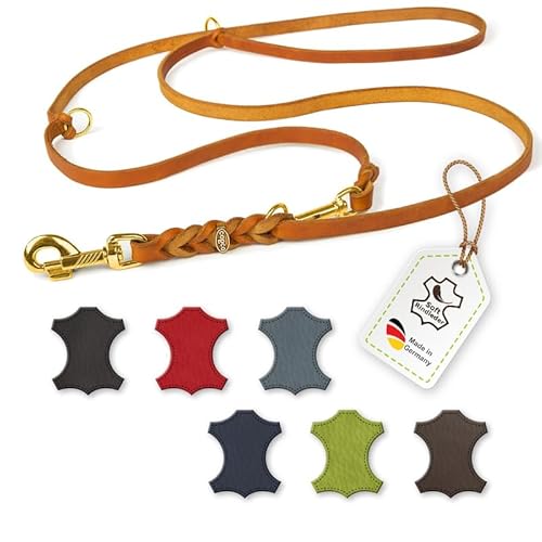 CopcoPet – Fettlederleine für Hunde – 3-Fach verstellbare Hundeleine aus weichem Leder mit Karabinern & Beschlägen aus Messing – geflochtene Führleine 100% Handmade in Germany (5 m x 12mm | Cognac) von CopcoPet