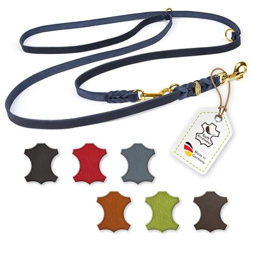 CopcoPet Fettlederleine, 3-Fach verstellbare Hundeleine aus weichem Leder mit Messingbeschlägen, geflochtene Umhängeleine für große Hunde (5m x 18mm | Blau) von CopcoPet