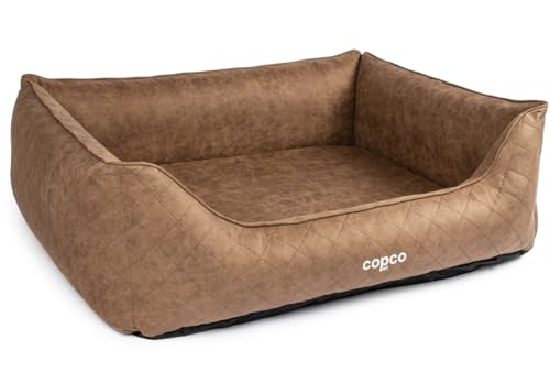 CopcoPet – Hundebett Hugo in Velourlederoptik M 80x60cm Braun – Hundekissen Schaumstoff mit abnehmbarem & waschbarem Bezug – Bequemer Hundekorb mit erhöhten Rändern & Rutschfester Unterseite von CopcoPet