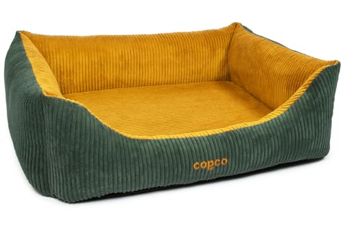 CopcoPet – Hundebett Kyra in Cord Stoff L/XL 100x80cm Goldgelb/Tannengrün – Hundekissen Schaumstoff mit abnehmbarem & waschbarem Bezug – Bequemer Hundekorb mit hohen Rändern & Rutschfester Unterseite von CopcoPet