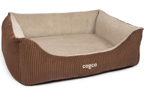 CopcoPet – Hundebett Kyra in Cord Stoff M 80x60cm Braun/Beige – Hundekissen Schaumstoff mit abnehmbarem & waschbarem Bezug – Bequemer Hundekorb mit erhöhten Rändern & Rutschfester Unterseite von CopcoPet