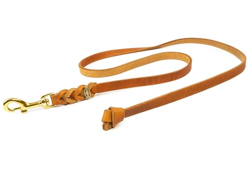 CopcoPet Hundeleine geflochten ohne Handschlaufe, Führleine ist aus robustem Fettleder mit Karabiner aus Messing, perfekt für große, mittlere und kleine Hunde, 1,50 m x 15 mm in Cognac von CopcoPet