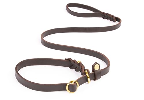 CopcoPet Retrieverleine mit Zugstopp für kleine Hunde – 1,40m x 10mm Moxonleine in Braun – Fettlederleine & Agilityleine aus Leder – stufenlos verstellbar, Handarbeit, Messing, wetterfest von CopcoPet