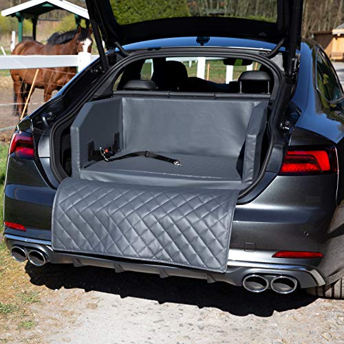CopcoPet - Travel Bed Hundebett für Kofferraum Auto 100x70x38cm Kunstleder - Anschnallsystem Kofferraumschutz Wasserabweisend Kratzfest - Robust mit Schutzdecke - Reisebett Hund Grau Transportbett von CopcoPet