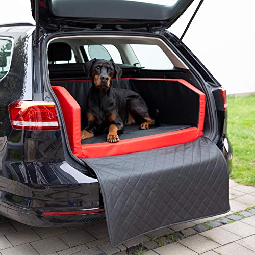 CopcoPet - Travel Bed Hundebett für Kofferraum Auto 100x80x38cm Kunstleder - Anschnallsystem Kofferraumschutz Wasserabweisend Kratzfest Robust mit Schutzdecke Reisebett Hund Rot/Schwarz Transportbett von CopcoPet